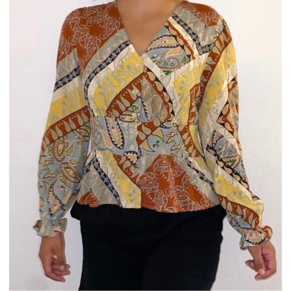 Mango Suit Women’s 10 Multicolor Paisley Viscose Long Sleeve Boho Top Blouse - Picture 1 of 6